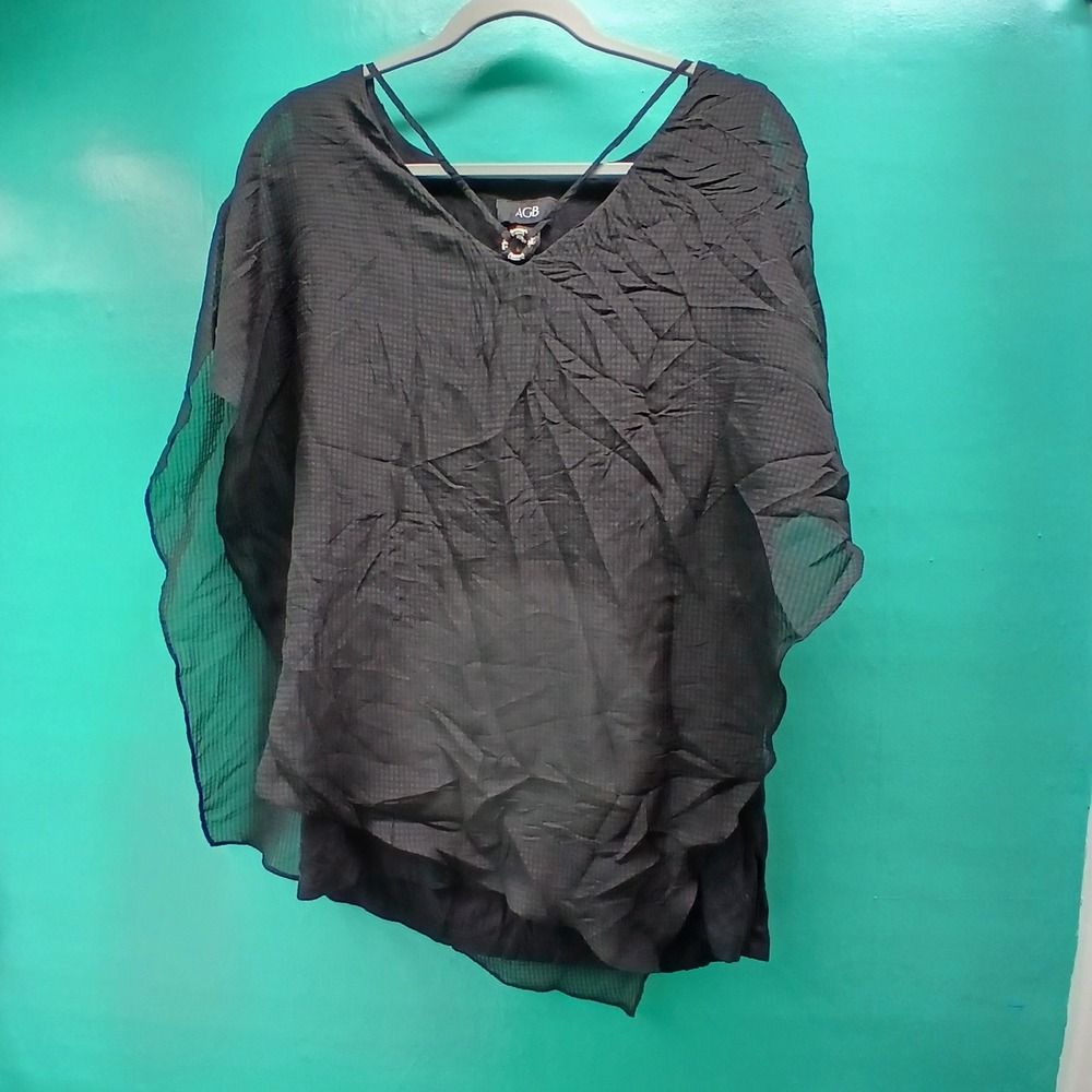 AGB Poncho Blouse Large Black Sheer Layered Asymmetrical Whimsigoth Evening Top